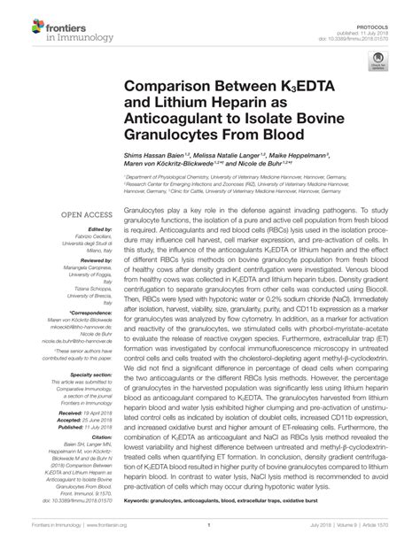 Pdf Comparison Between K3edta And Lithium Heparin As Anticoagulant To Isolate Bovine