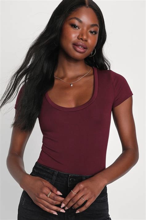 Burgundy Bodysuit Short Sleeve Bodysuit Scoop Neck Bodysuit Lulus