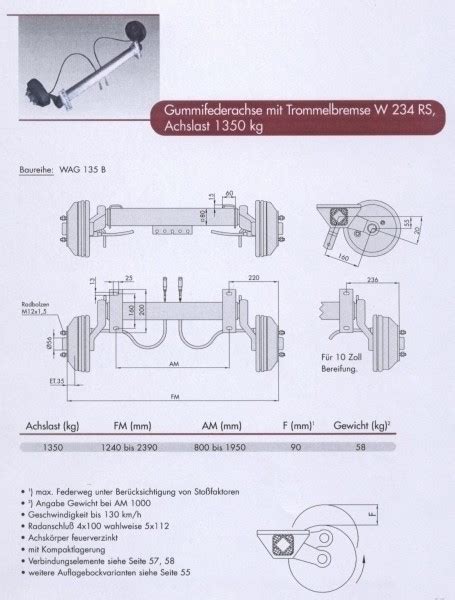 WAP Achse WAG135B mit Auflagemaß 1366 mm Anhängerachse mit Radbremse