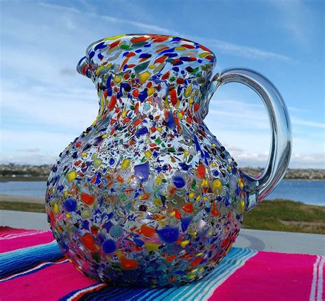 Mexican Hand Blown Glass Pitcher Confetti Rock Design 84 Etsy Canada