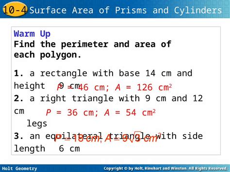 Ppt Holt Geometry 10 4 Surface Area Of Prisms And Cylinders Warm Up