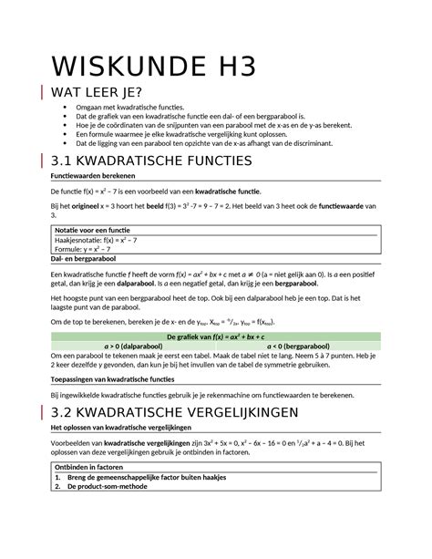 Wiskunde V3 H3 Samenvatting Hoofdstuk 3 Vwo 3 WISKUNDE H WAT LEER