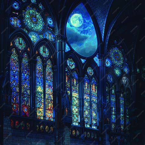 Waning gibbous moonlight filtering through the stained glass windows of
