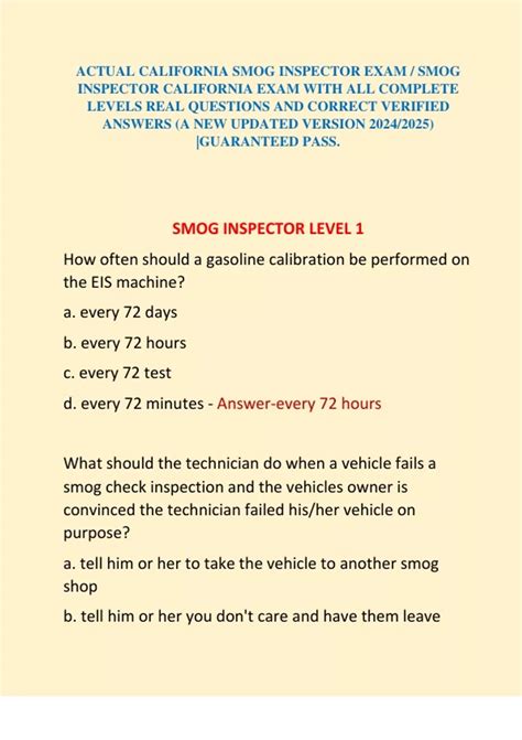 ACTUAL CALIFORNIA SMOG INSPECTOR EXAM / SMOG INSPECTOR CALIFORNIA EXAM