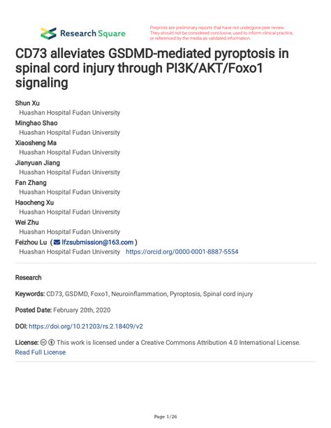 PDF CD73 Alleviates GSDMD Mediated Pyroptosis In Spinal Cord Injury