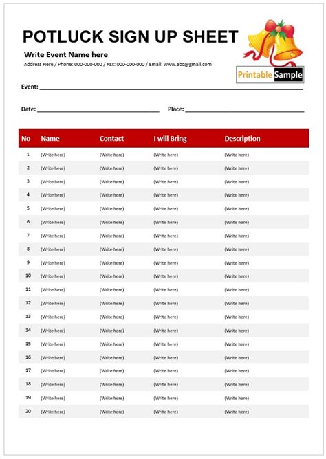 10 Free Potluck Sign Up Sheet Templates Printable Samples