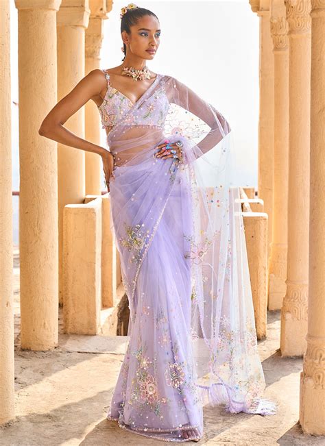 Periwinkle Embellished Net Saree Lashkaraa India