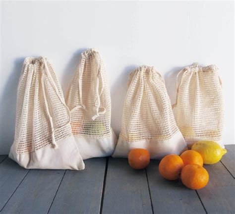 Cotton Net Drawstring Bag With Fabric Trim Bottom 6x10