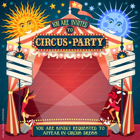 Circus Show Retro Template Party Invite. Cartoon Poster Invitation Kid Birthday Party. Carnival ...