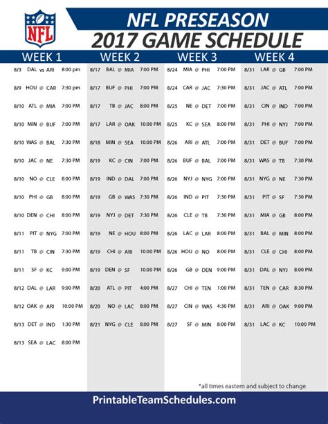 Nfl Preseason Schedule Printable