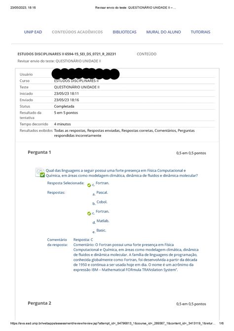 Revisar Envio Do Teste Question Rio Unidade Ii Estudos Disciplinares