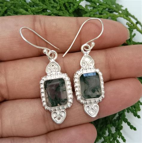 Natural Green Moss Agate Octagon Shaped Sterling Silver Earrings