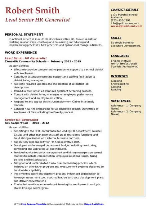 Senior Hr Generalist Resume Samples Qwikresume