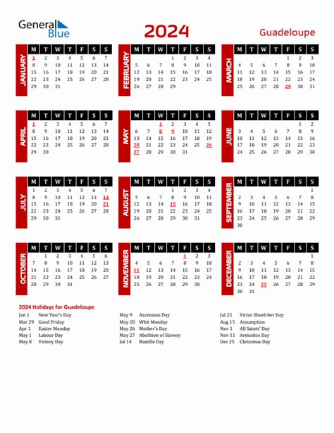 2024 Guadeloupe Calendar With Holidays