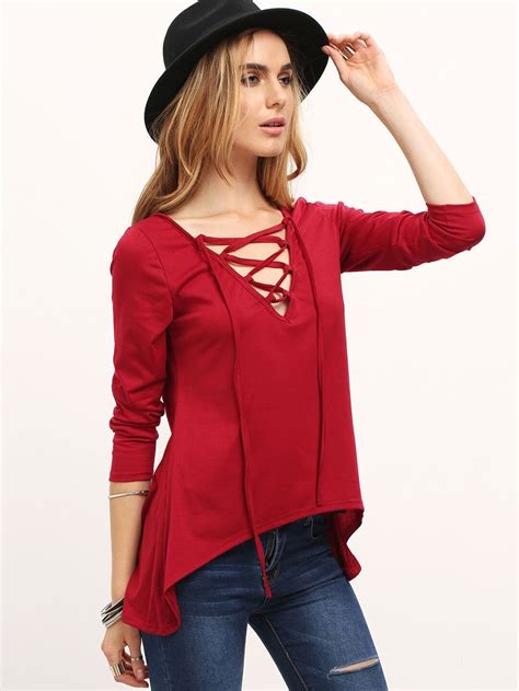 Red V Neck Lace Up Loose T Shirt SheIn Sheinside