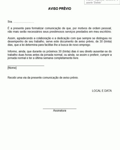 Referência de Carta de Aviso Prévio Modelo Gratuito