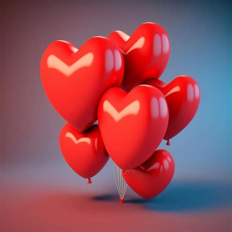 Premium Photo Realistic Red Glossy Heart Shape Balloons 3d Rendering