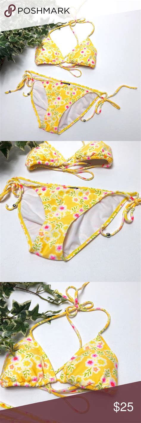 Two Piece Bikini Yellow Floral Bathing Suit Set M Super Cute Two Piece