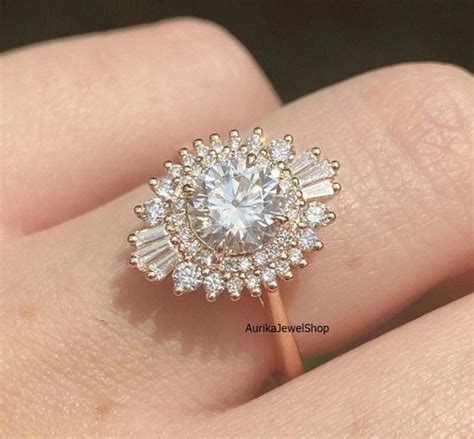 Round Diamond Engagement Ring Halo Ring Starburst Ring Etsy