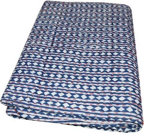 Blue Cotton Indian Hand Block Print Kantha Quilt Size Queen Size At