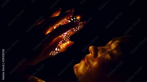 Magic Hot Light From Lanterns Falls On The Woman Eyes The Naked Adult Sexy Caucasian Girl Lies