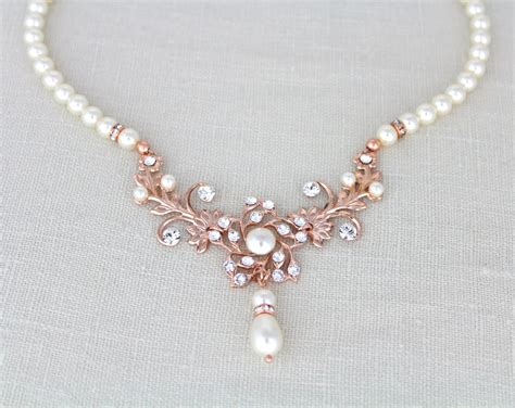 Rose Gold Bridal Necklace Pearl Wedding Necklace Wedding