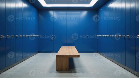 Modern blue locker room featuring wood bench under bright lights