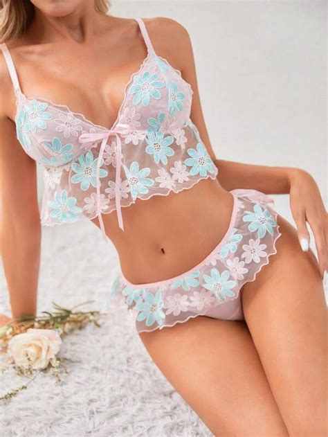 Floral Embroidery Ruffle Trim Lingerie Set Shein Usa