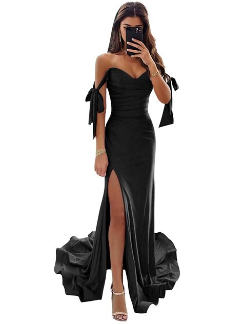 Women's Black Satin Bridesmaid Dresses with Slit Off The Shoulder