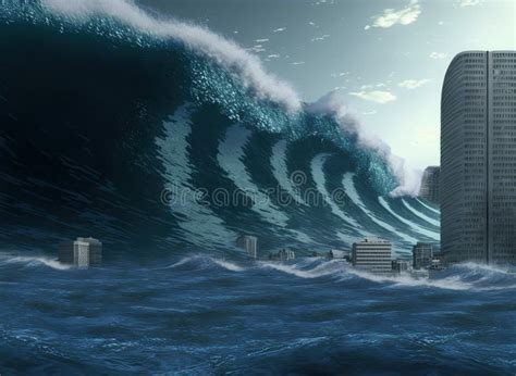 Tsunami Con Olas De 30 Metros En La Ciudad Stock de ilustración