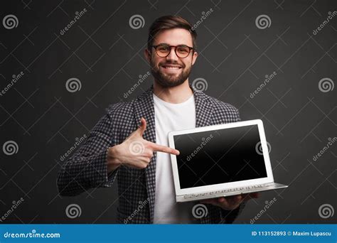 Smiling Man Pointing At Laptop Stock Image Image Of Contemporary