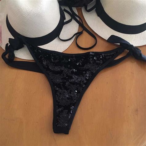 Bikini Triángulo Armado Tanga Colaless Paillettes Negro Cuotas sin