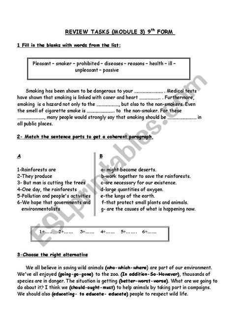 Review Tasks For Module 3 9th Form Health And Environment ESL