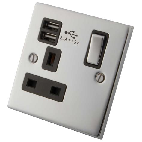 M2 13a 1 Gang Switched Socket Twin Usb Metal Black Insert Polished Stainless Steel