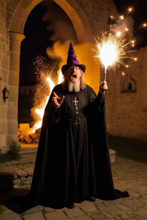 A Dark Wizzard Casting A Explosive Spell At A Castle Made Of By Ous