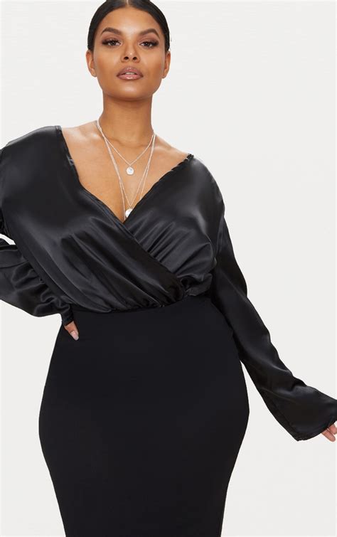 Plus Black Satin Plunge Bodysuit Plus Size Prettylittlething