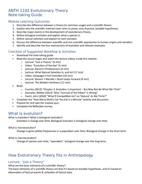 Evolutionary Theory Note Guide Anth Evolutionary Theory Note