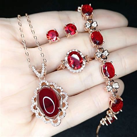 Wpb Premium Jewelry Set Women Shiny Imitation Pigeon Blood Ruby Set