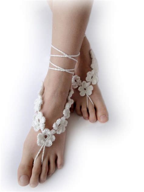 Crochet Barefoot Sandals White Or Ivory Flowers In A Chain Etsy