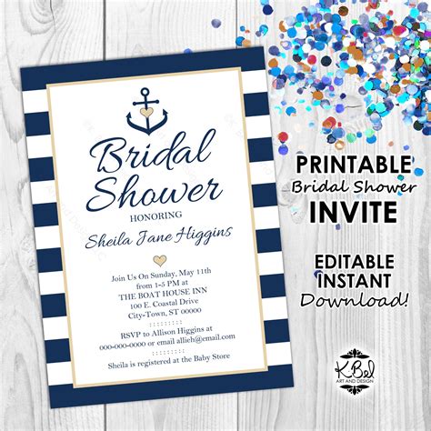 Printable Nautical Bridal Shower Invite Editable Invitation