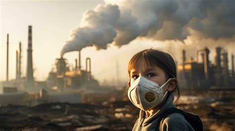 Children wearing masks to prevent air pollution Behind is the factory ...