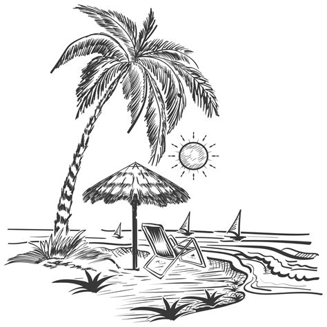 Pencile Drawing Summer Sea Beach Vector Design Sunset 23480112 Vector