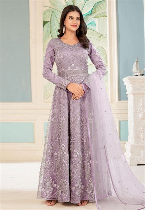 Lavender Net Embroidered Long Anarkali Suit