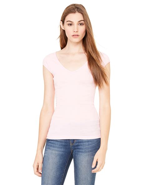 Bella B8705 Womens Sheer Rib Cap Sleeve V Neck T Shirt 677 Womens