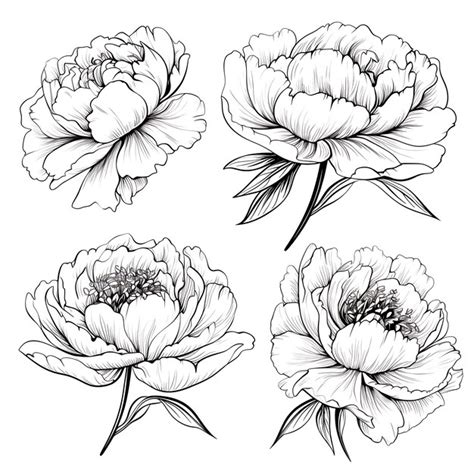 Premium Photo Hand Drawn Peony Outlines Black Color On White