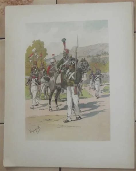 ANCIENNE GRAVURE MILITAIRE UNIFORME HUSSARD DRAGON EMPIRE SIGNEE