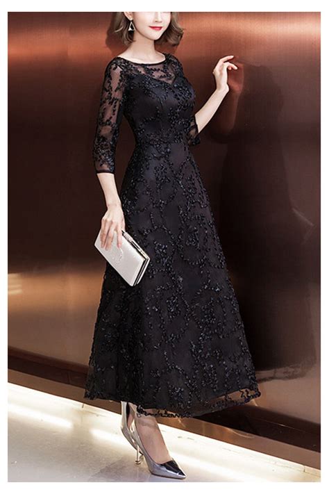 Black Lace Ankle Length Hoco Party Dress With 34 Sleeves 684792