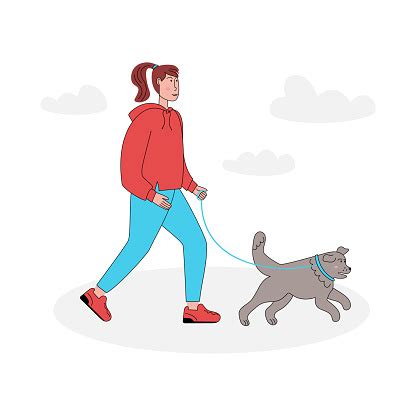 wanita berjalan  anjing besarnya ilustrasi stok  gambar