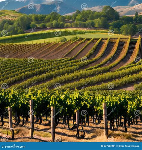 A Picturesque Vineyard With Rows Of Grapevines And A Mountain Range In