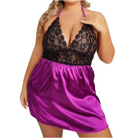 Lovskoo Women Plus Size Lingerie Satin Lace Chemise Nightgown